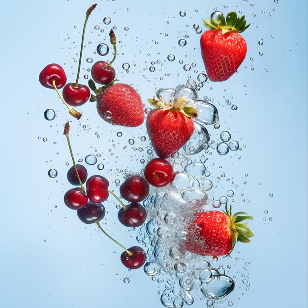 Fragole e ciliegie fresche in acqua con bolle