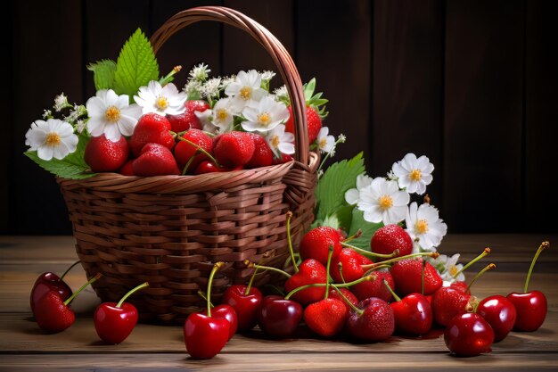 Fragole e ciliegie su sfondo di legno