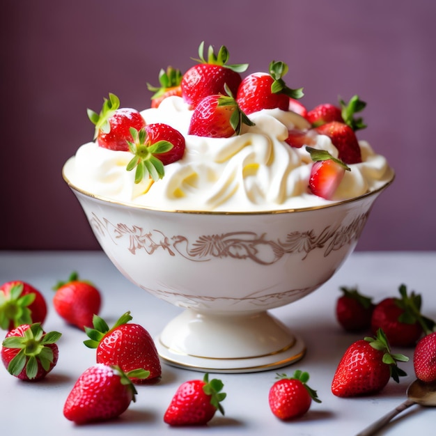 Fragole e crema in una bella tazza di porcellana