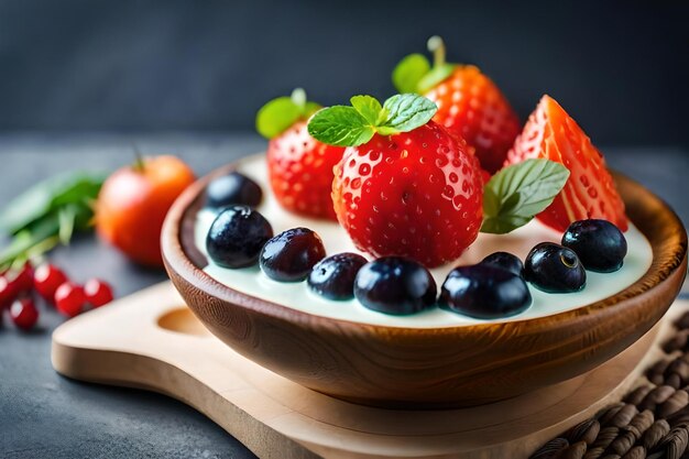 Fragole e fragole su un piatto di legno con un cucchiaio di legno.