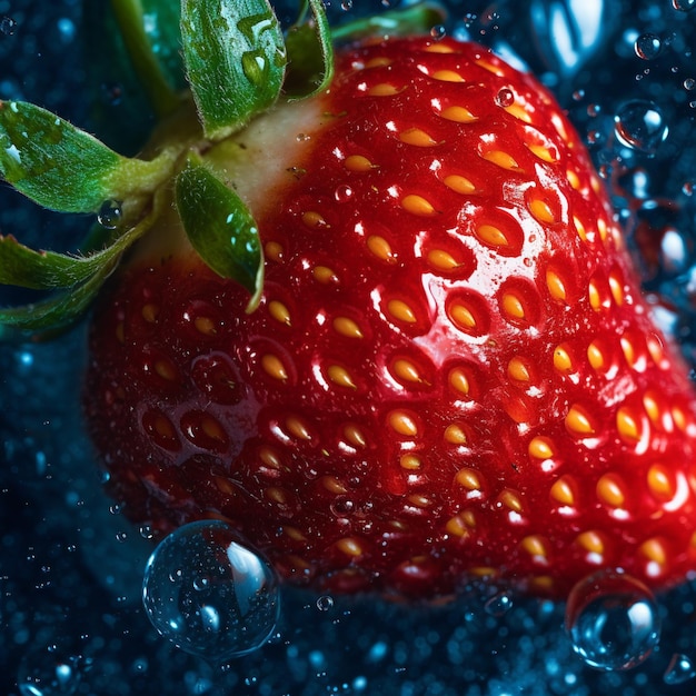 Fragole fresche che cadono in acqua con una spruzzata su uno sfondo nero