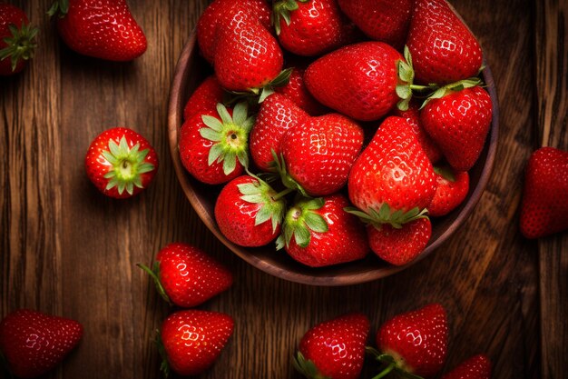 Fragole fresche dolci e cucchiai su sfondo di legno