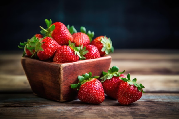 Fragole fresche e succose su un vecchio tavolo di legno IA generativa