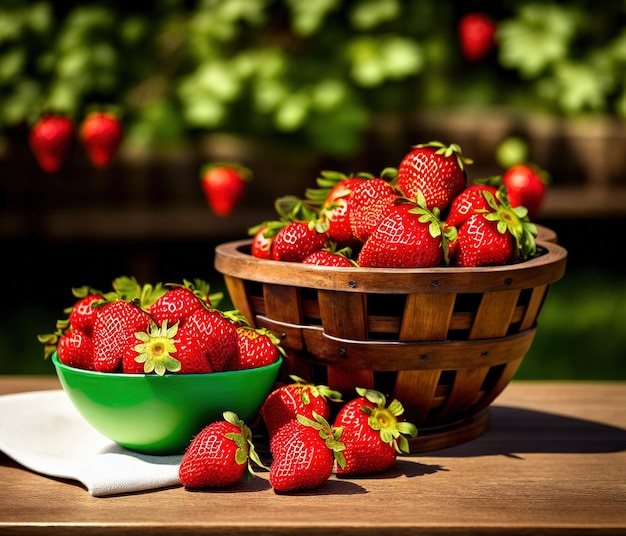 fragole fresche in un cestino su uno sfondo di legno