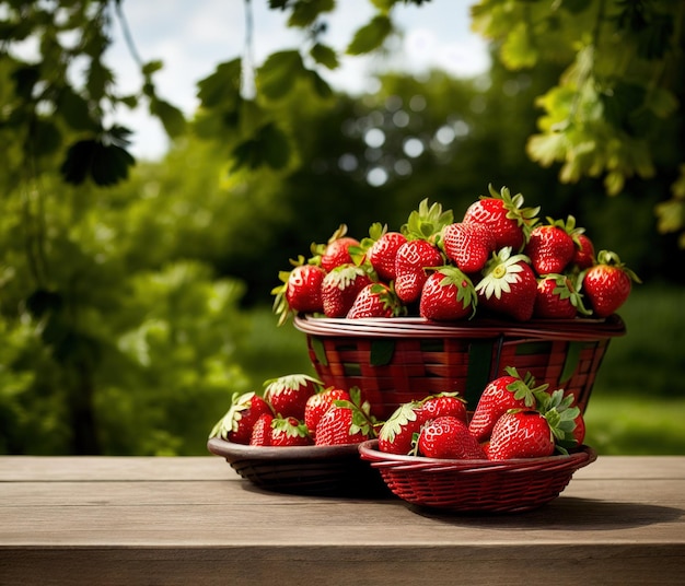 fragole fresche in un cestino su uno sfondo di legno