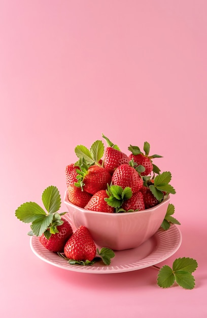 Fragole fresche in una ciotola su sfondo rosa. Cibo estivo. Copia spazio