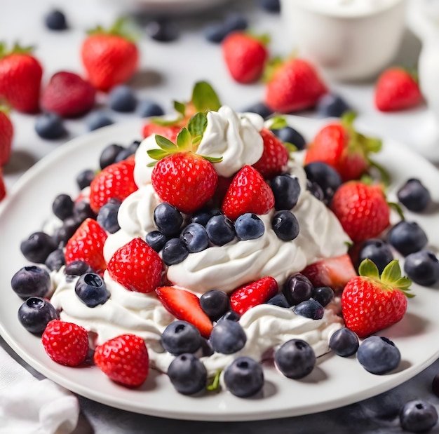 Fragole fresche Mirtilli e panna montata su un piatto bianco