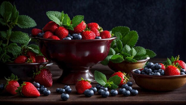 Fragole fresche, mirtilli, foglie di menta, uno sfondo scuro, dessert antiossidante, creativo, ap