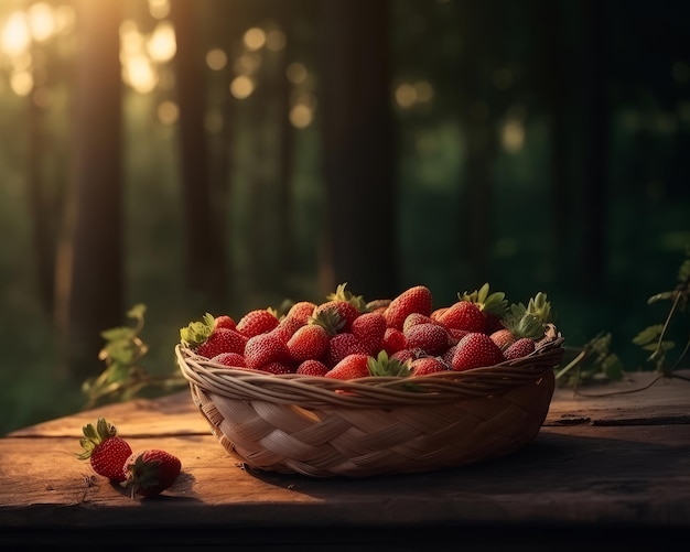 Fragole in un cestino su un tavolo nella foresta