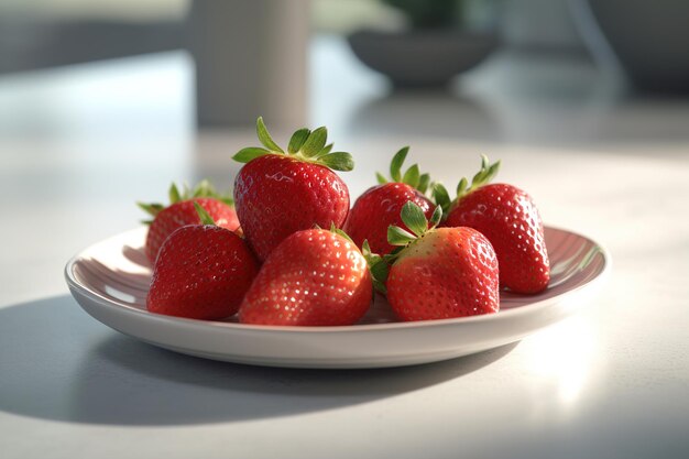 Fragole rosse mature in primo piano su un piatto sul tavolo