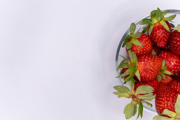 Fragole rosse mature succose in una lastra di vetro uno striscione con bacche rosse con un posto per il testo