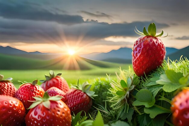 Fragole su un campo con il sole dietro di loro