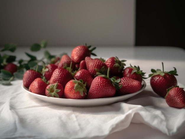 Fragole su un tavolo con uno sfondo bianco ai generativo