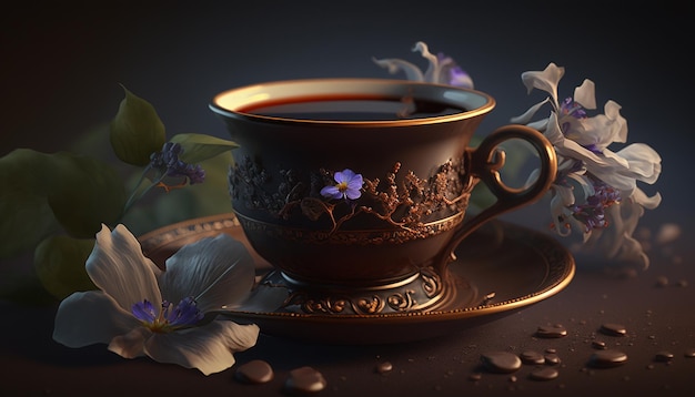 Fragranti chicchi di caffè con tazza di cioccolato AI Generated