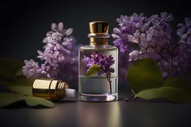 Fragranza lilla unica e aromatica in flaconcino. Fotografia di profumo lilla in fiore