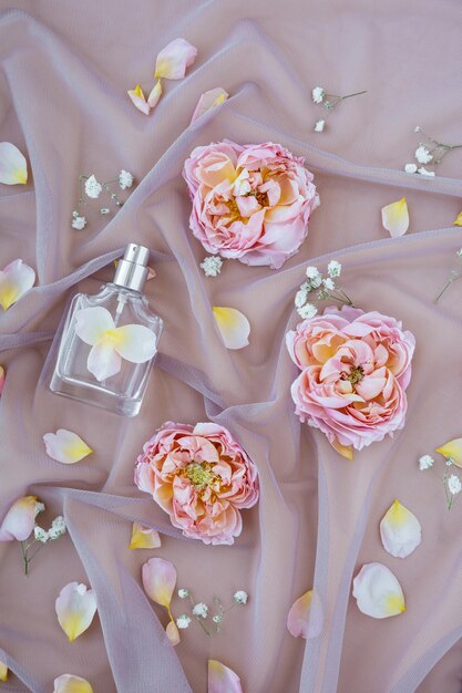Fragranze floreali Bottiglia spray di profumo su tessuto rosa delicato con petali di rosa come sfondo Schema di aroma di colonia di vetro trasparente Note di profumo di rosa Confezione di prodotti di lusso Concept di spa naturale
