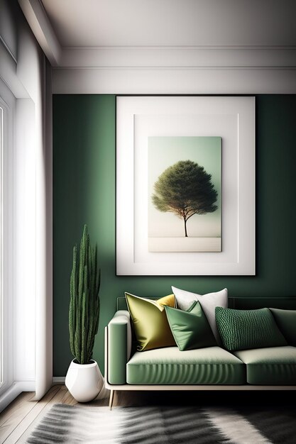 Frame bianco bianco grande poster foto bordo in legno in moderno salotto di lusso con divano verde salvia c