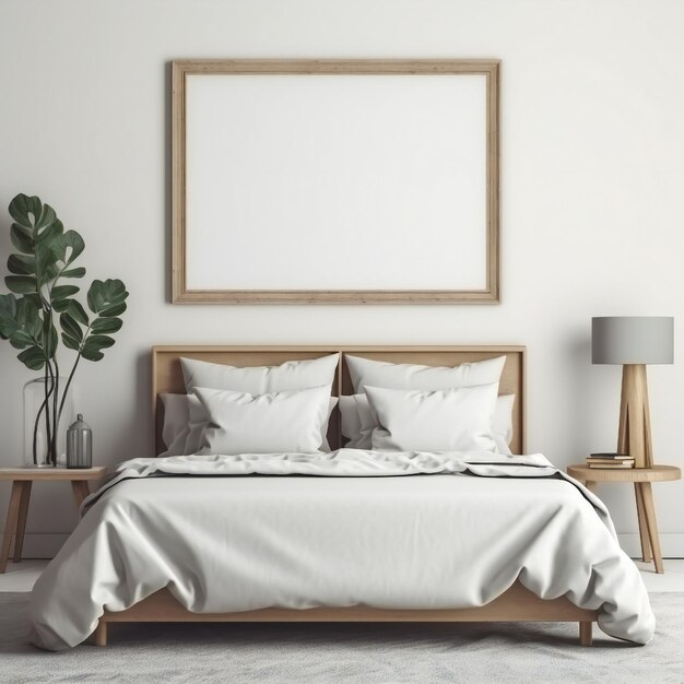 Frame d'arte bianco bianco per foto, vetrina di design in un moderno interno da camera da letto