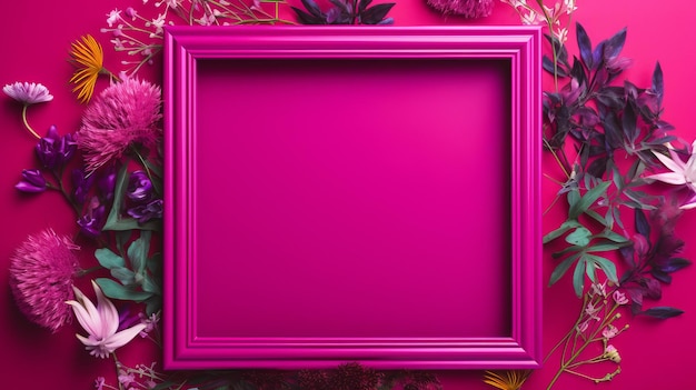 Frame d'immagine pop art kitsch luccicante con fiori su sfondo rosa