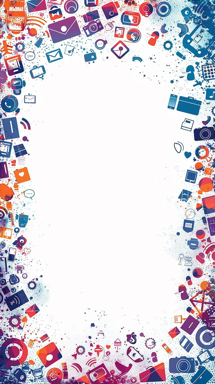Foto frame di confine della busta della fotocamera e icone dei social media