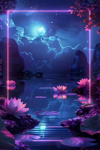 Frame di Mystic Moonlit Lake Arcane Frame con un lago sereno e Floa Y2K Collage Glow Outline Art