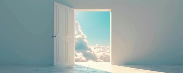 Frame di porta in legno aperto con cielo blu e nuvole