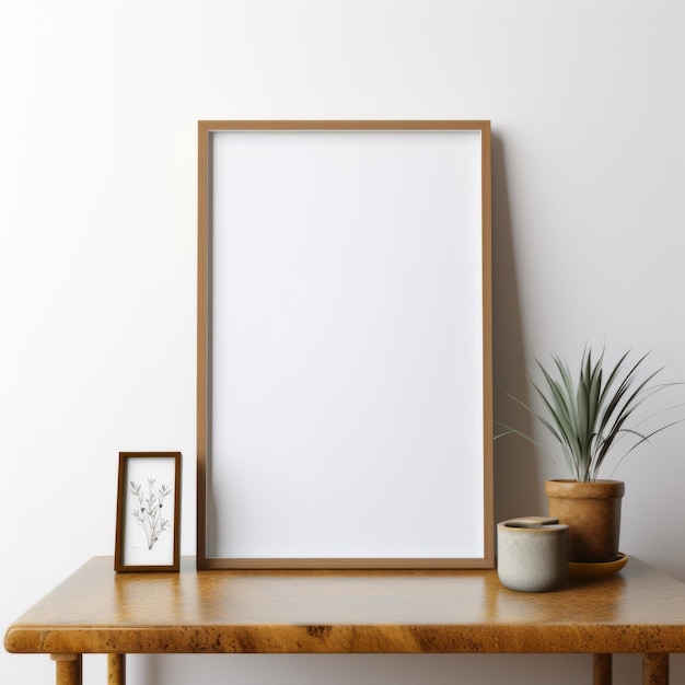 Frame di poster minimalista con aspetto pulito su tavolo di legno