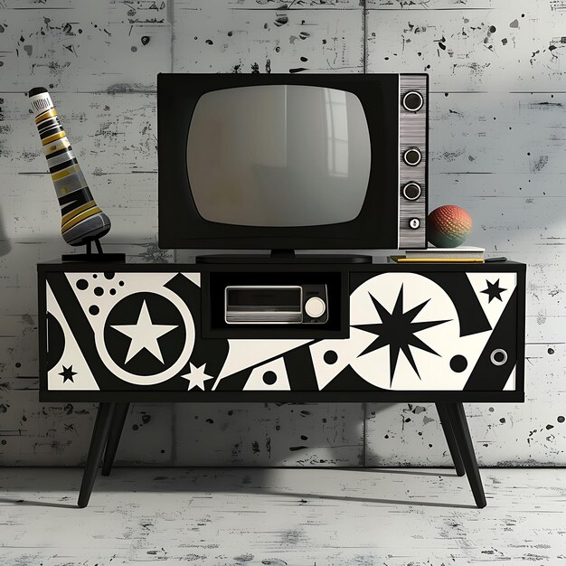 Frame di stile moderno di metà secolo Tv Stand Arte popolare con disegno atomico CNC Die Cut Tattoo Design Art