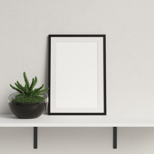 Frame Mockup su mensola bianca con decorazione minimalista