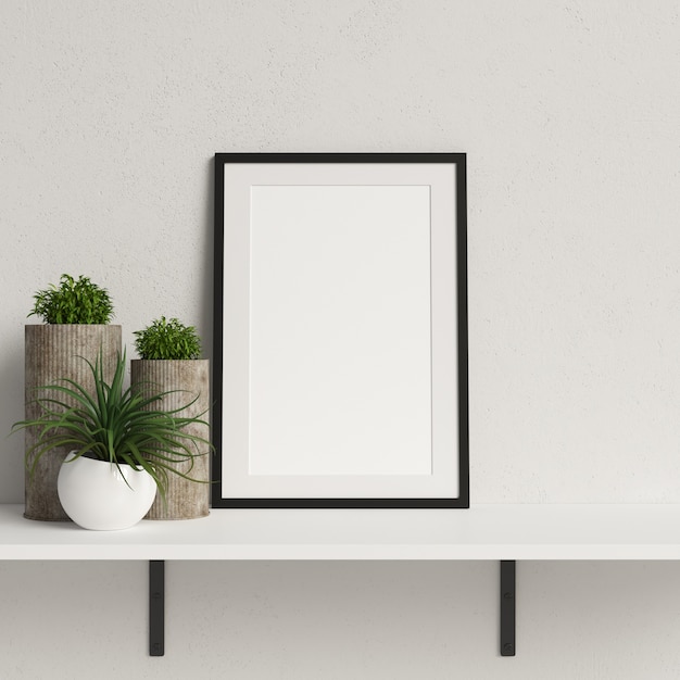 Frame Mockup su mensola bianca con decorazione minimalista