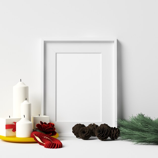 Frame Mockup sul muro bianco con decorazioni natalizie