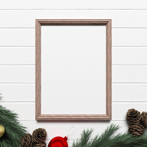 Frame Mockup sul pavimento in legno bianco con decorazioni natalizie