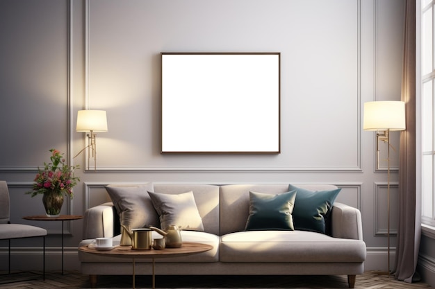 Frame orizzontale vuoto per manifesti mock up nell'interno del soggiorno sfondo interno del soggiorno moderno IA generativa