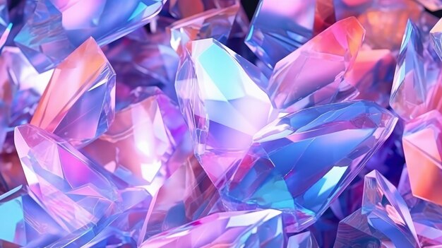 Frammenti di vetro iridescenti che riflettono le tonalità rosa e blu del neon