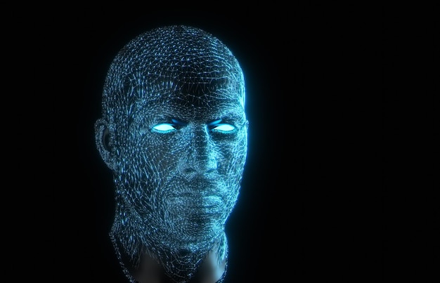 Frammento blu astratto testa umana e viso Rendering 3d di un concetto di intelligenza artificiale per la costruzione di una testa di cyborg