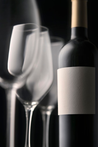 Frammento di bicchieri da vino e una bottiglia di vino rosso con un'etichetta bianca senza iscrizione Bella natura morta sfondo scuro atmosfera suggestiva fotografia verticale