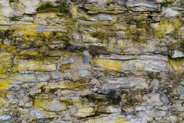 Frammento di un antico muro di pietra ricoperto di muschio verde