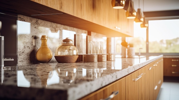 Frammento di una cucina moderna in una casa di lusso Controsoffitti in quarzo armadi in legno naturale elettrodomestici da cucina decorazioni per la tavola bella luce mattutina dalla finestra