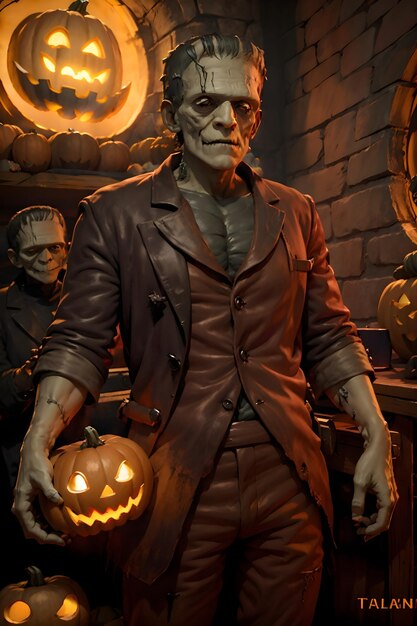 Frankenstein spaventoso con jackolantern si trova sul portico della casa