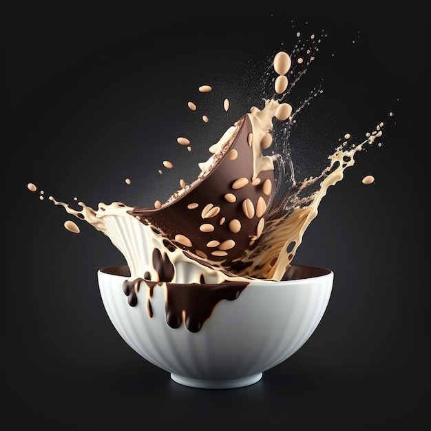 Frappè al cioccolato al latte caffè cacao splash Cioccolata calda con turbinio di latte versando e spruzzando nella ciotola