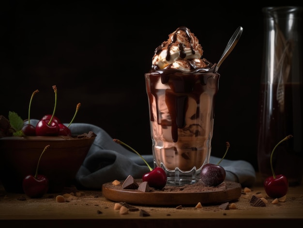 Frappè al cioccolato con panna montata e ciliegia Generative AI