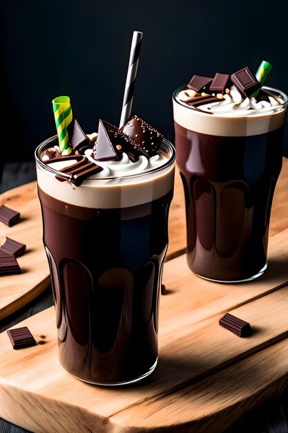 Frappè al cioccolato ghiacciato su sfondo scuro