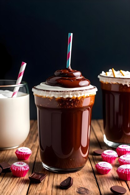 Frappè al cioccolato ghiacciato su sfondo scuro