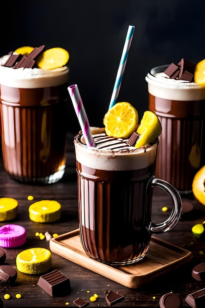 Frappè al cioccolato ghiacciato su sfondo scuro