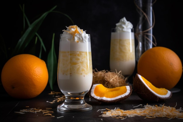 Frappè al cocco con noci di cocco su sfondo nero