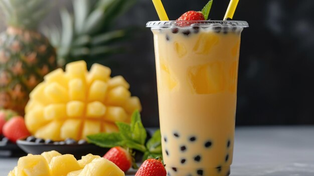 Frappè all'ananas con palline dolci di tapioca Bevanda asiatica con tè a bolle