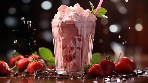 Frappè alla fragola bevanda ghiacciata al cioccolato alla fragola su sfondo di spruzzi di vetro