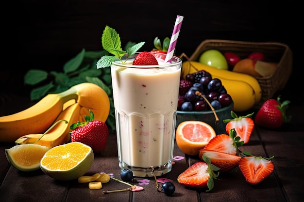 Frappè alla frutta rinfrescante con pezzi di frutta fresca creato con intelligenza artificiale generativa