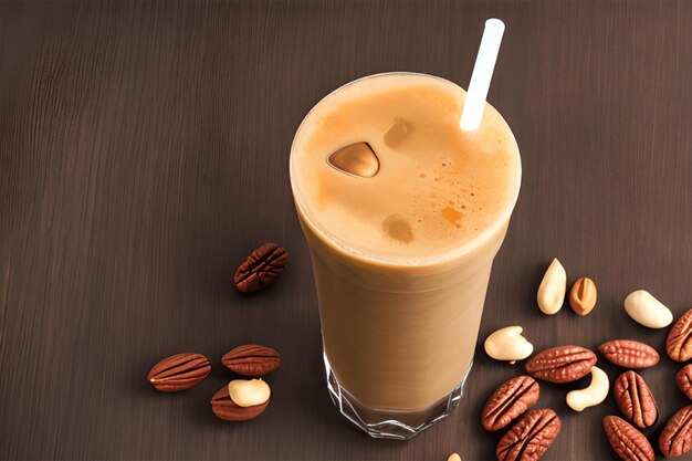 Frappe, bevanda con caramello colorato e noci isolate su legno