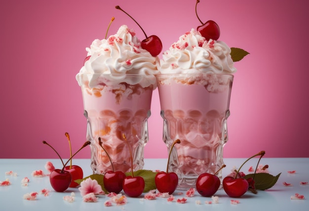 Frappè con panna e ciliegie su sfondo rosa